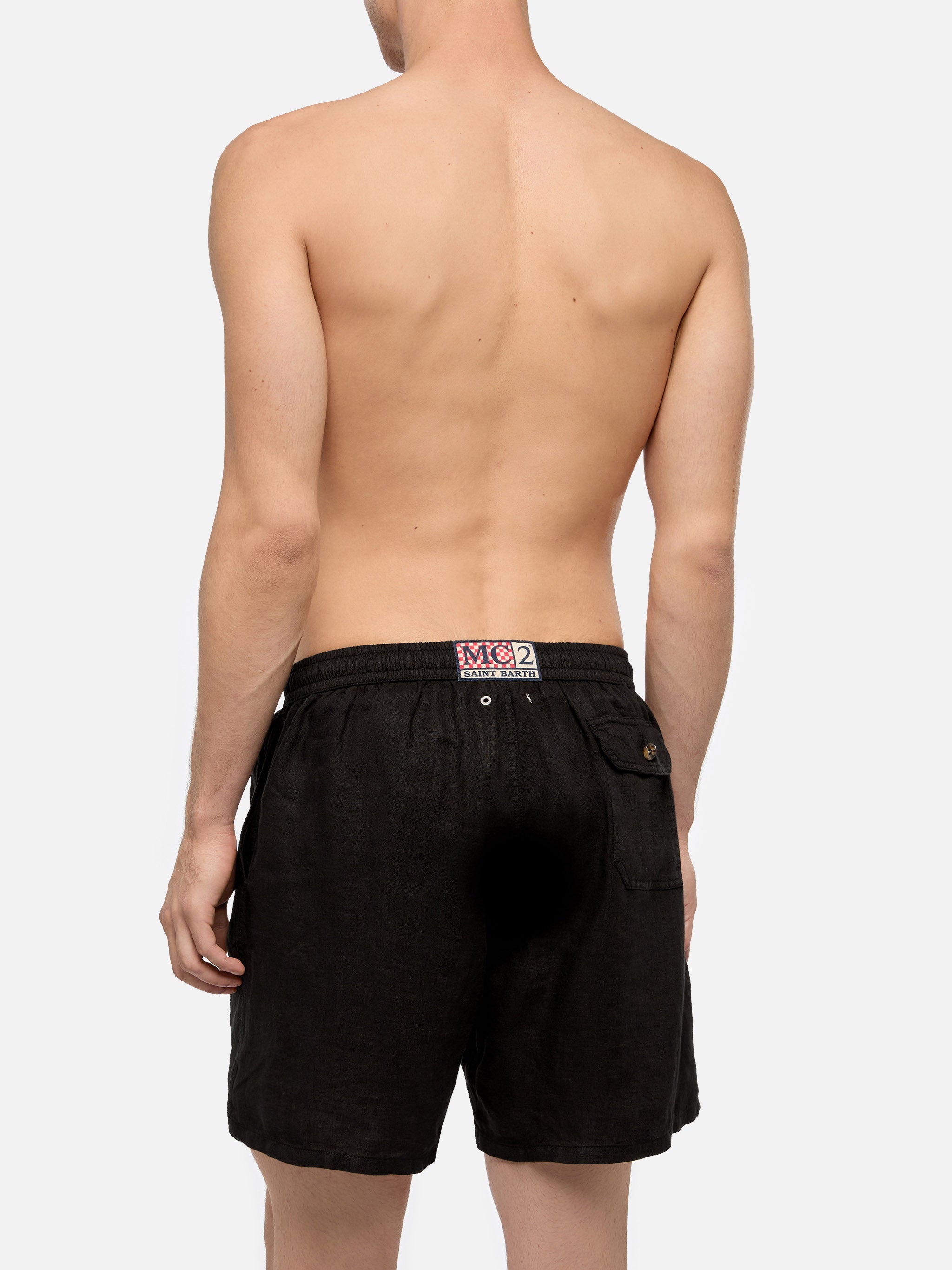 Gustavia black plain-color linen swim shorts