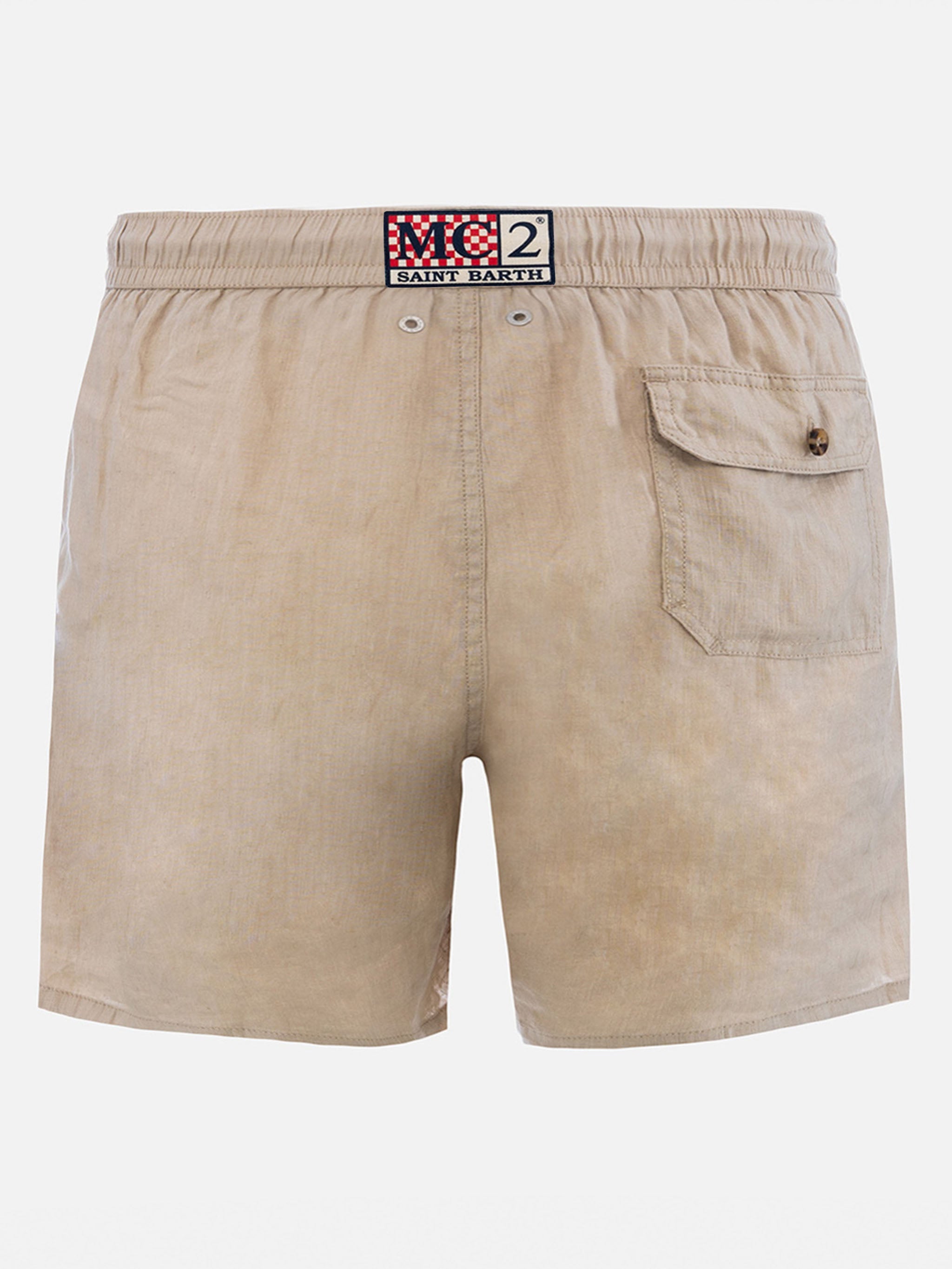 Gustavia beige plain-color linen swim shorts