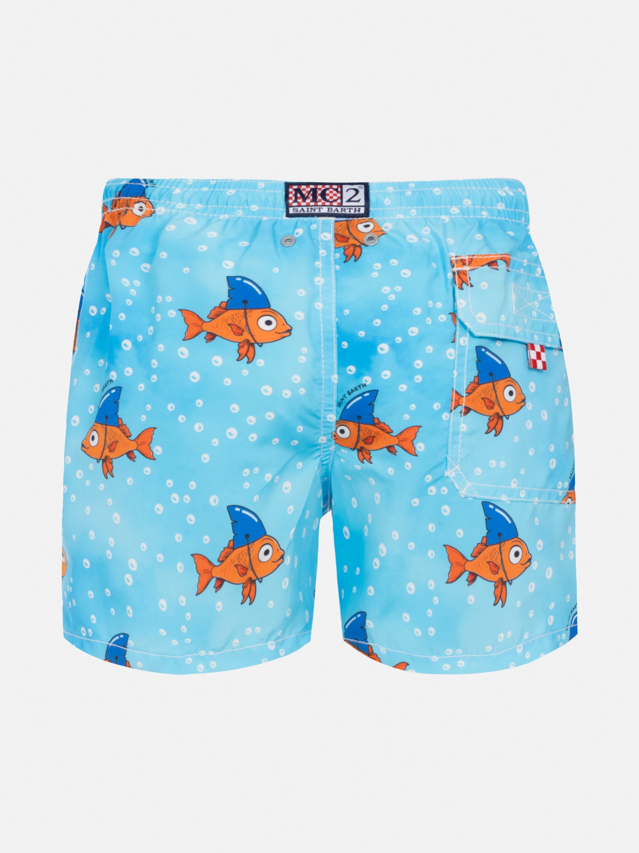 Pantaloncini da bagno di media lunghezza in denim con stampa finto squalo