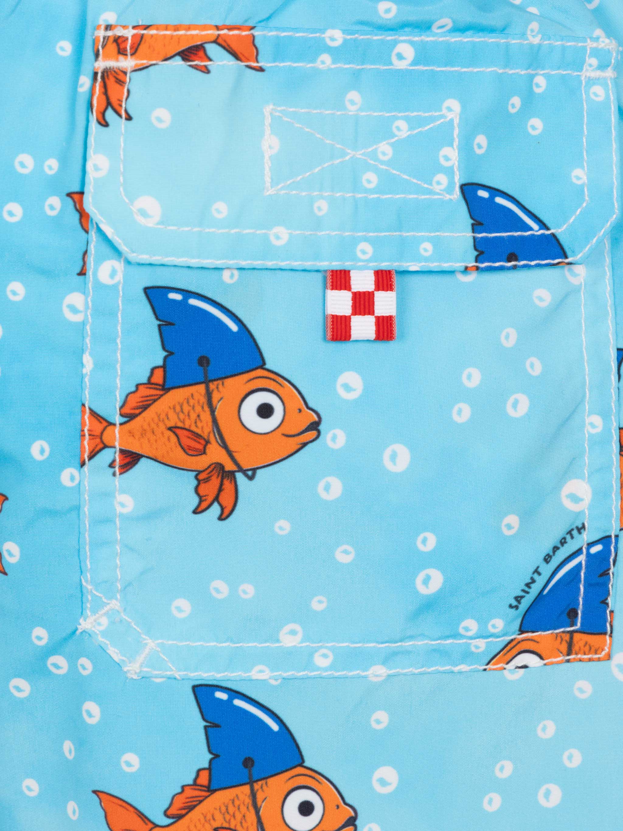 Pantaloncini da bagno di media lunghezza in denim con stampa finto squalo