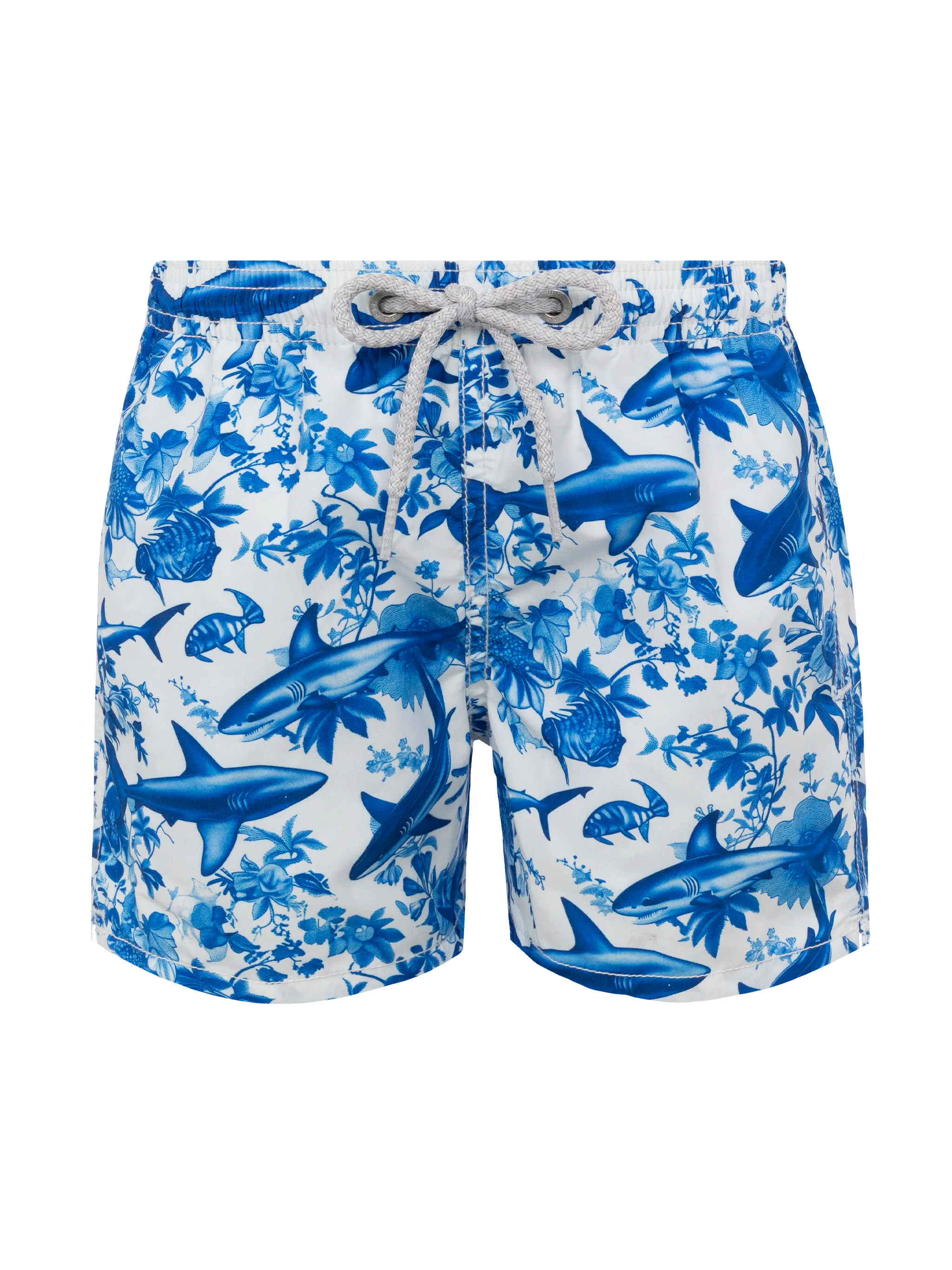 Costume da bagno a pantaloncino di media lunghezza Jean con stampa toile de jouy a squali | DESIGN CO-CREATO DA RICKDICK CON AI - POWERED BY RED-EYE