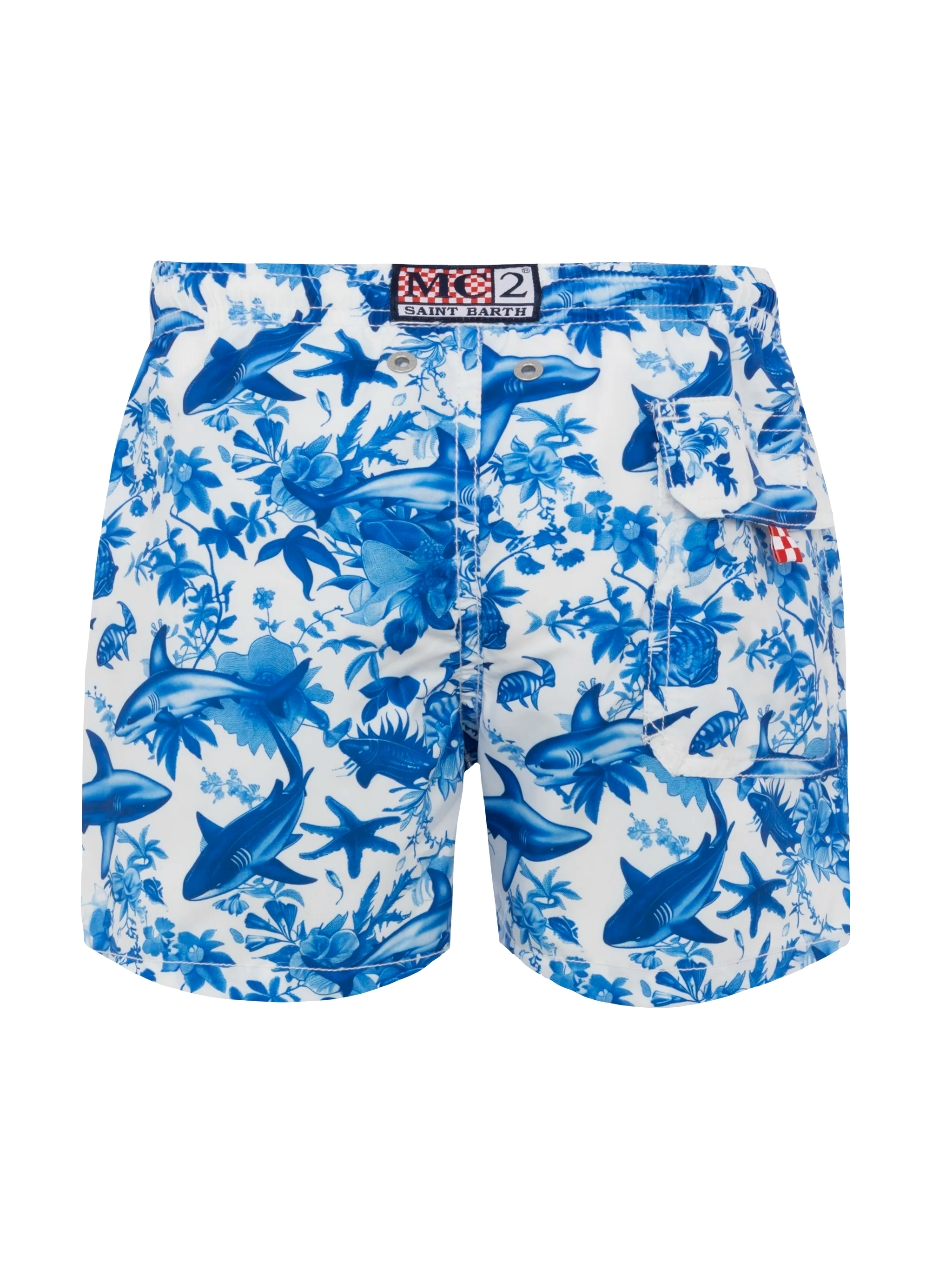 Costume da bagno a pantaloncino di media lunghezza Jean con stampa toile de jouy a squali | DESIGN CO-CREATO DA RICKDICK CON AI - POWERED BY RED-EYE