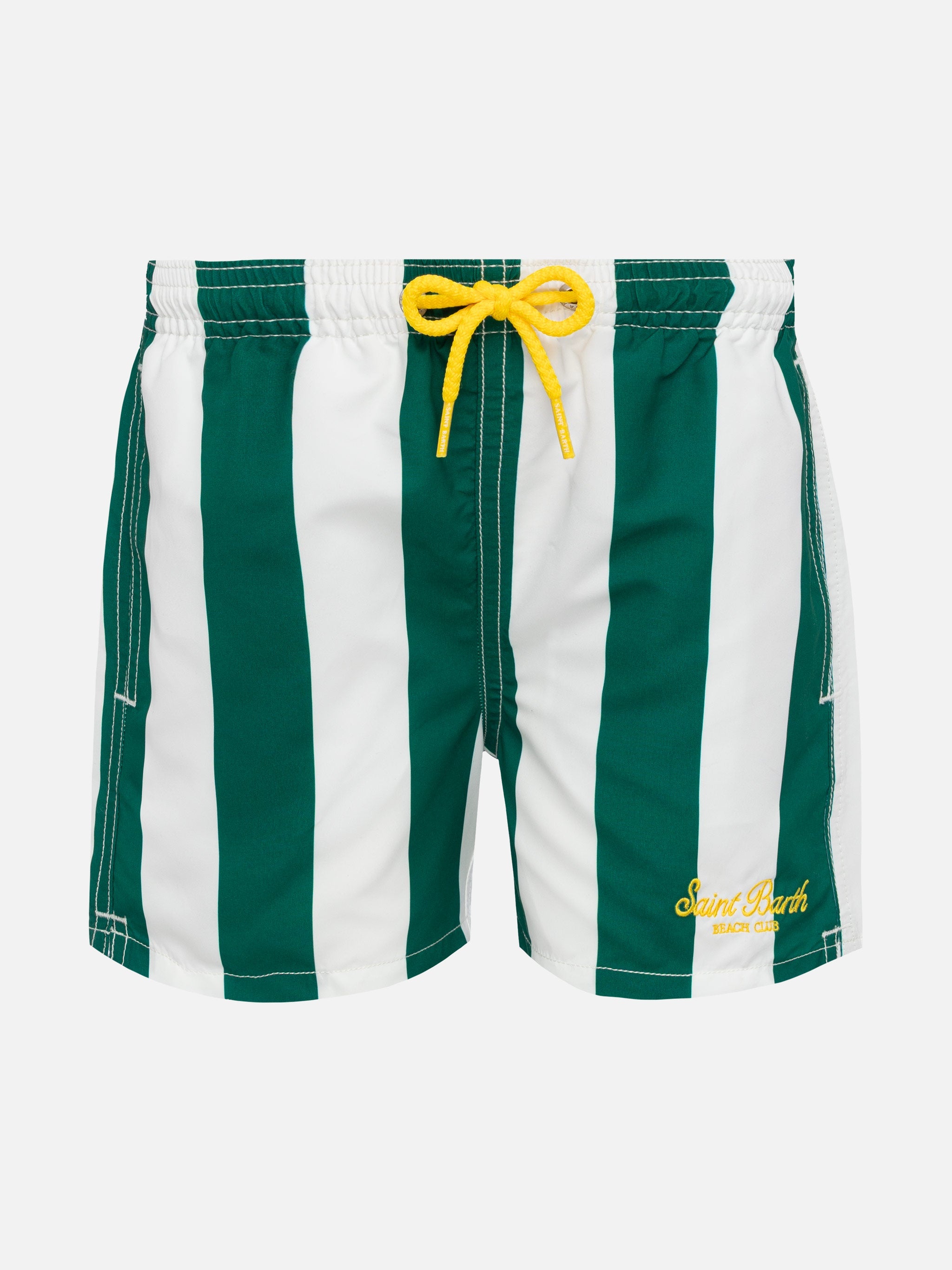 Short da bagno a mezza coscia in jeans con stampa a righe