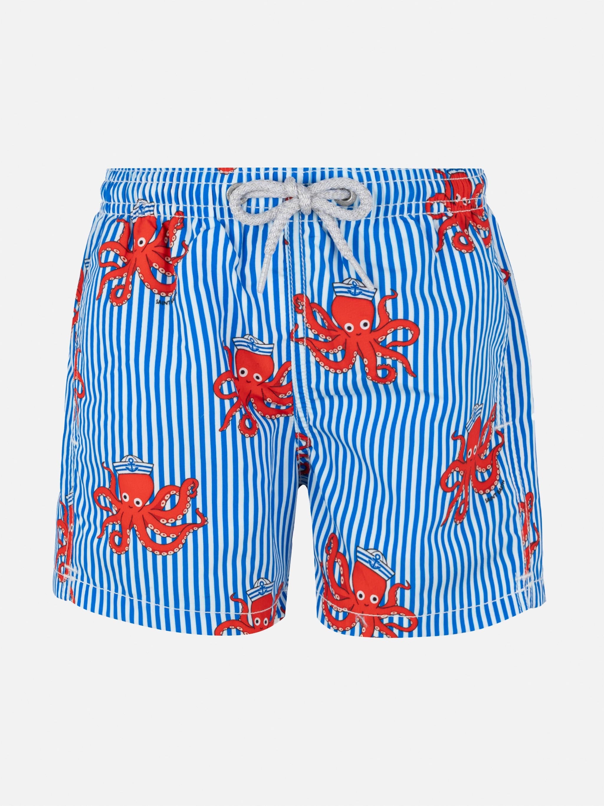 Short da bagno a mezza coscia in jeans con stampa a righe