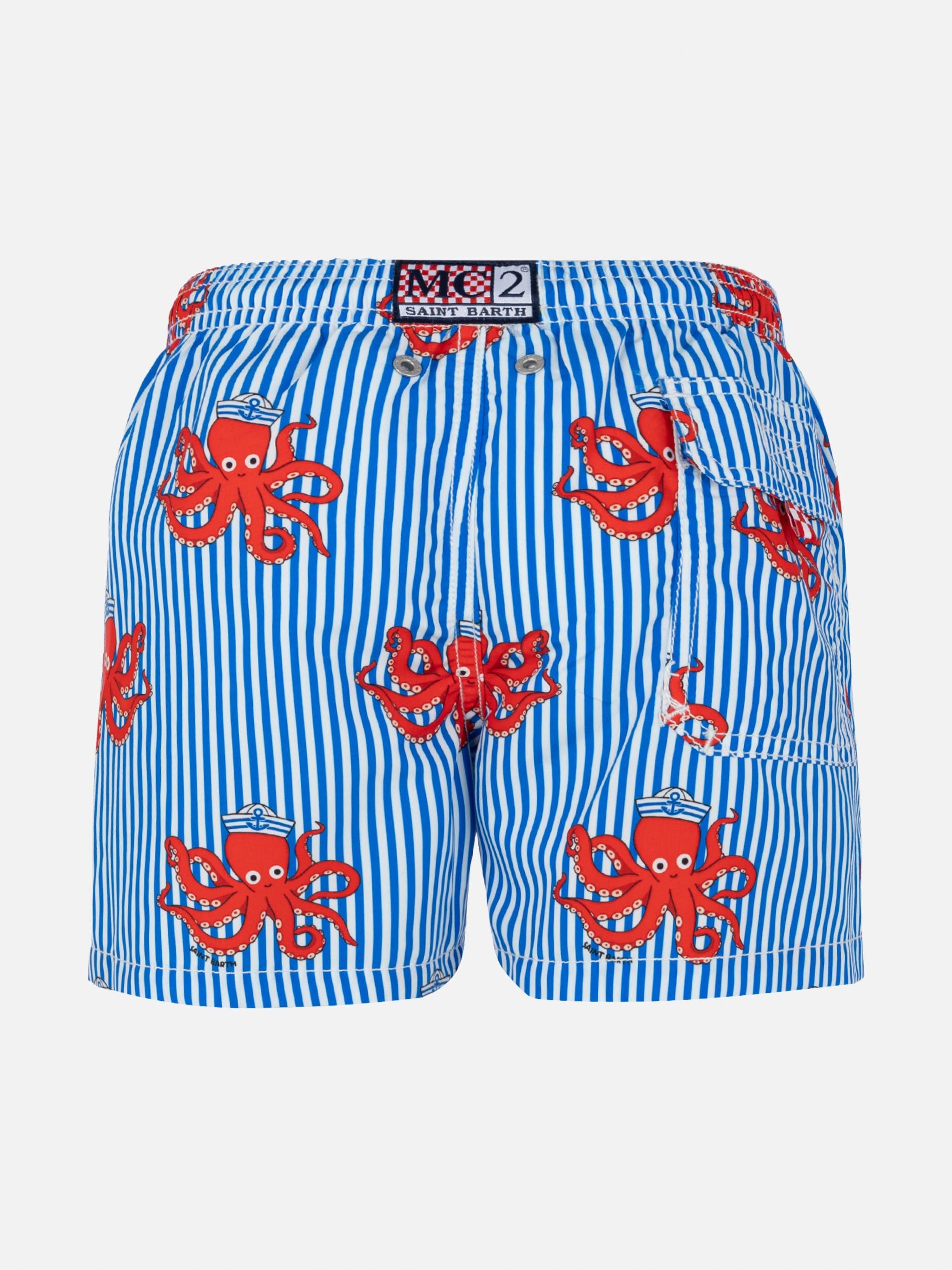 Short da bagno a mezza coscia in jeans con stampa a righe