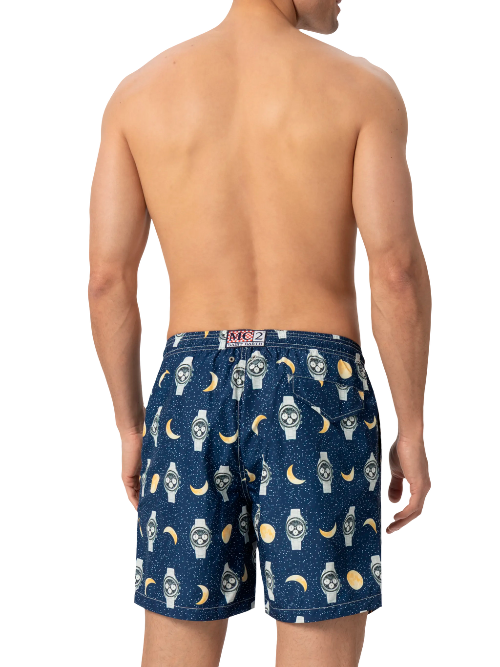 Lightweight fabric swim-shorts Lighting with watches and moon print