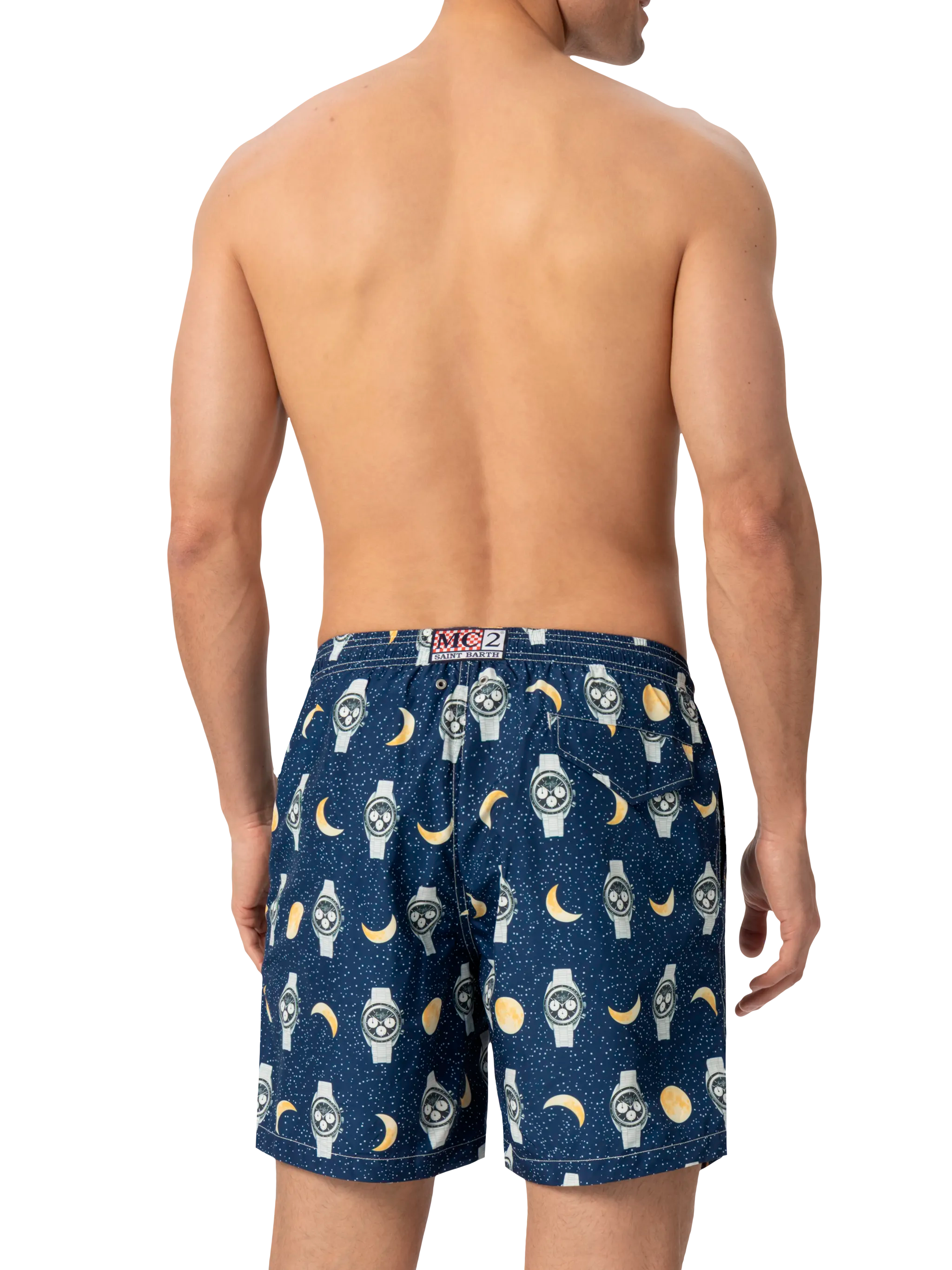 Lightweight fabric swim-shorts Lighting with watches and moon print