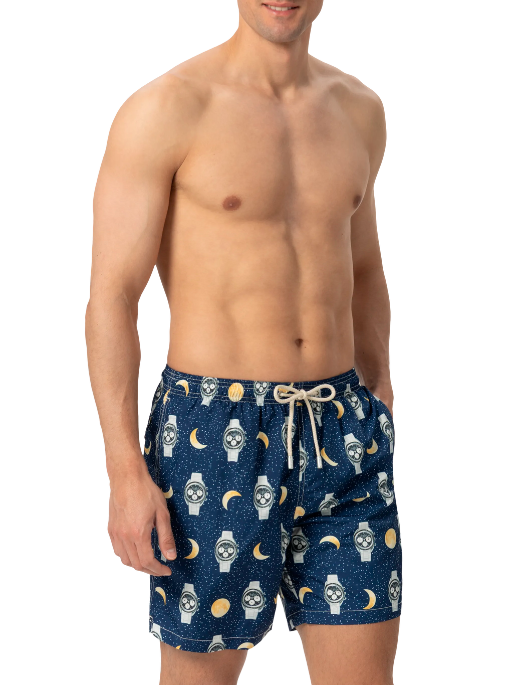 Lightweight fabric swim-shorts Lighting with watches and moon print
