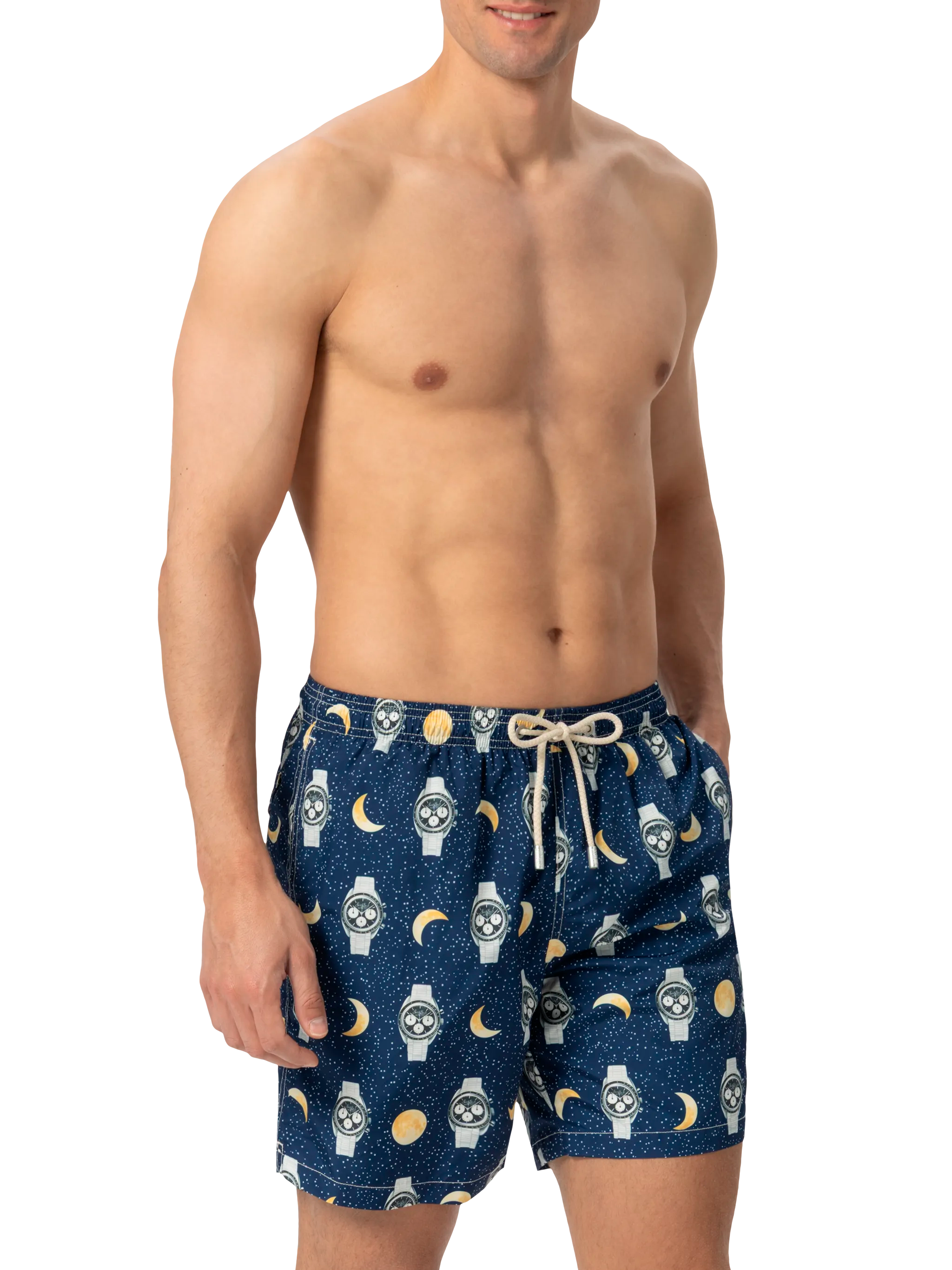 Lightweight fabric swim-shorts Lighting with watches and moon print