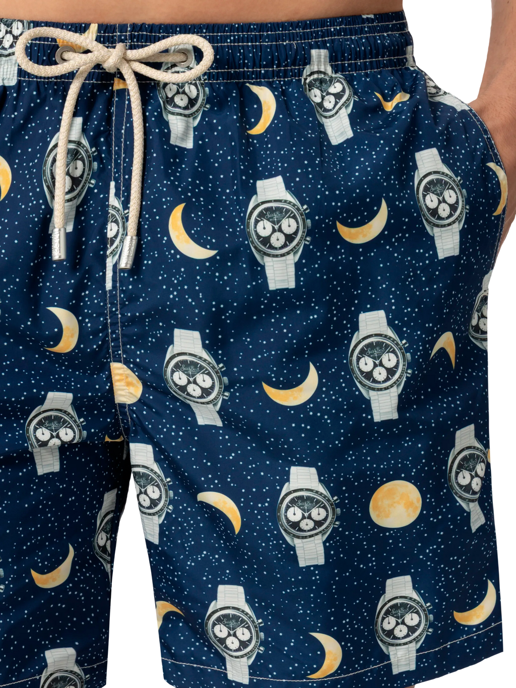Lightweight fabric swim-shorts Lighting with watches and moon print