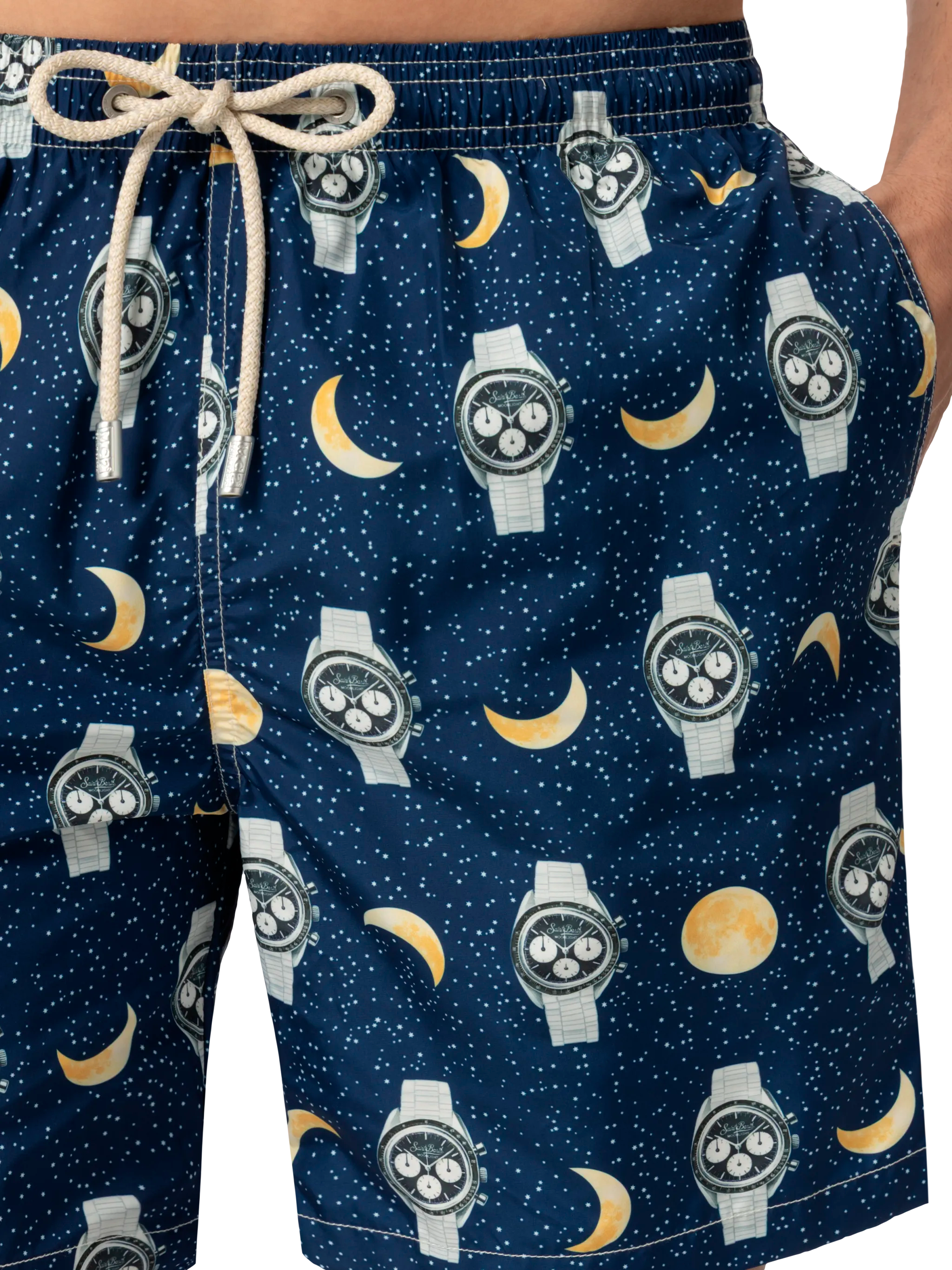 Lightweight fabric swim-shorts Lighting with watches and moon print