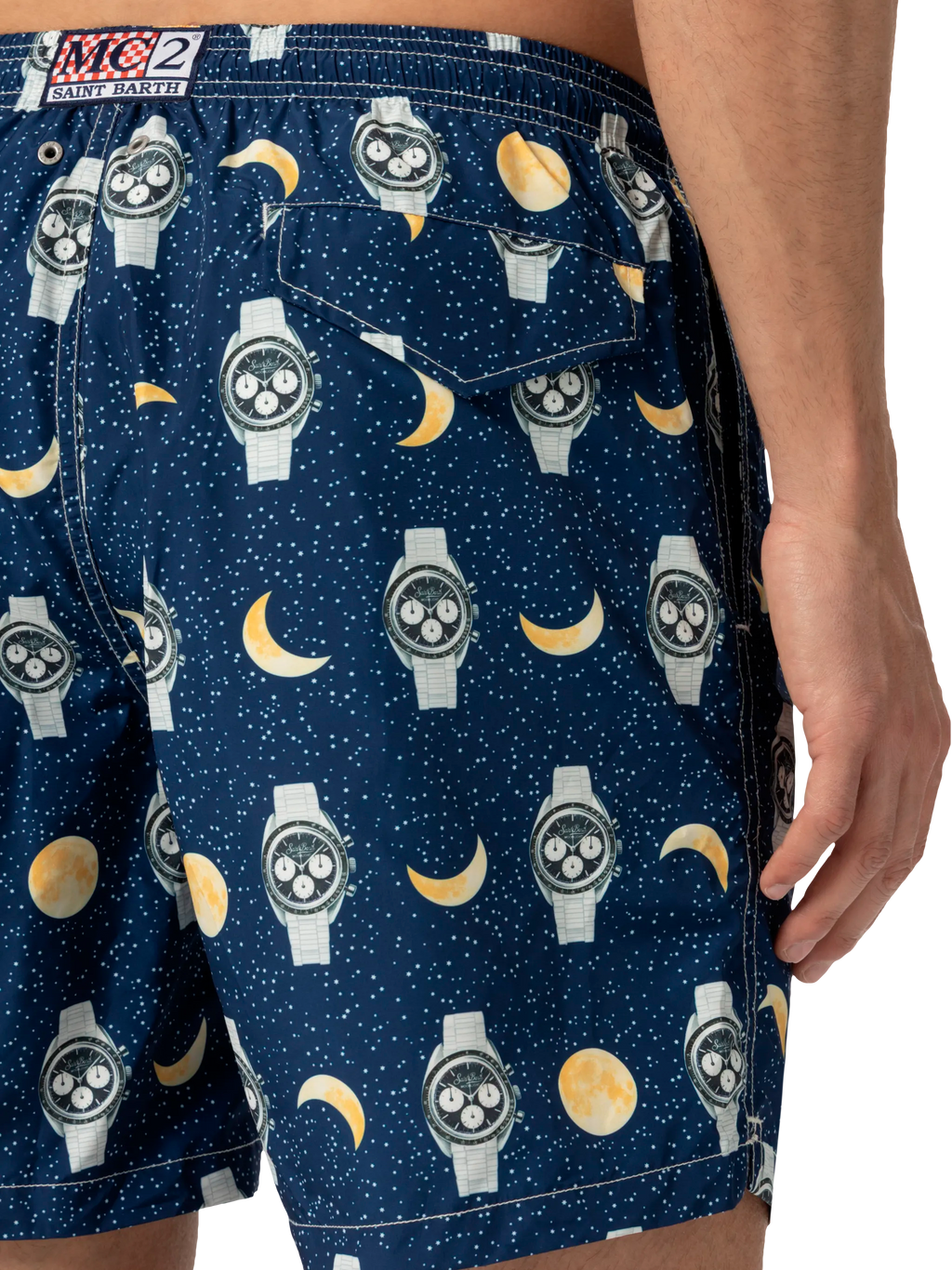 Lightweight fabric swim-shorts Lighting with watches and moon print