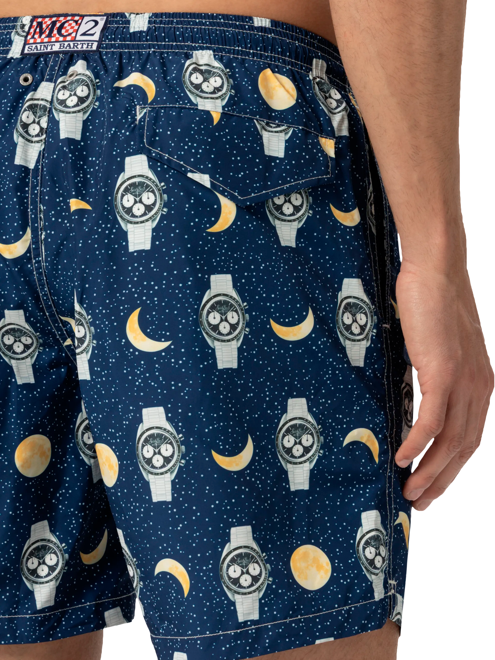 Lightweight fabric swim-shorts Lighting with watches and moon print