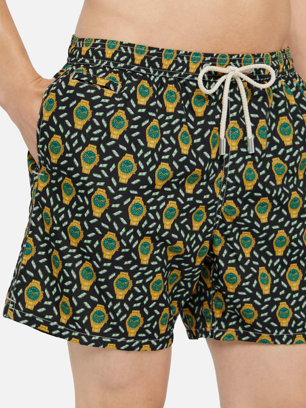 Lightweight fabric swim shorts Lighting with watch print