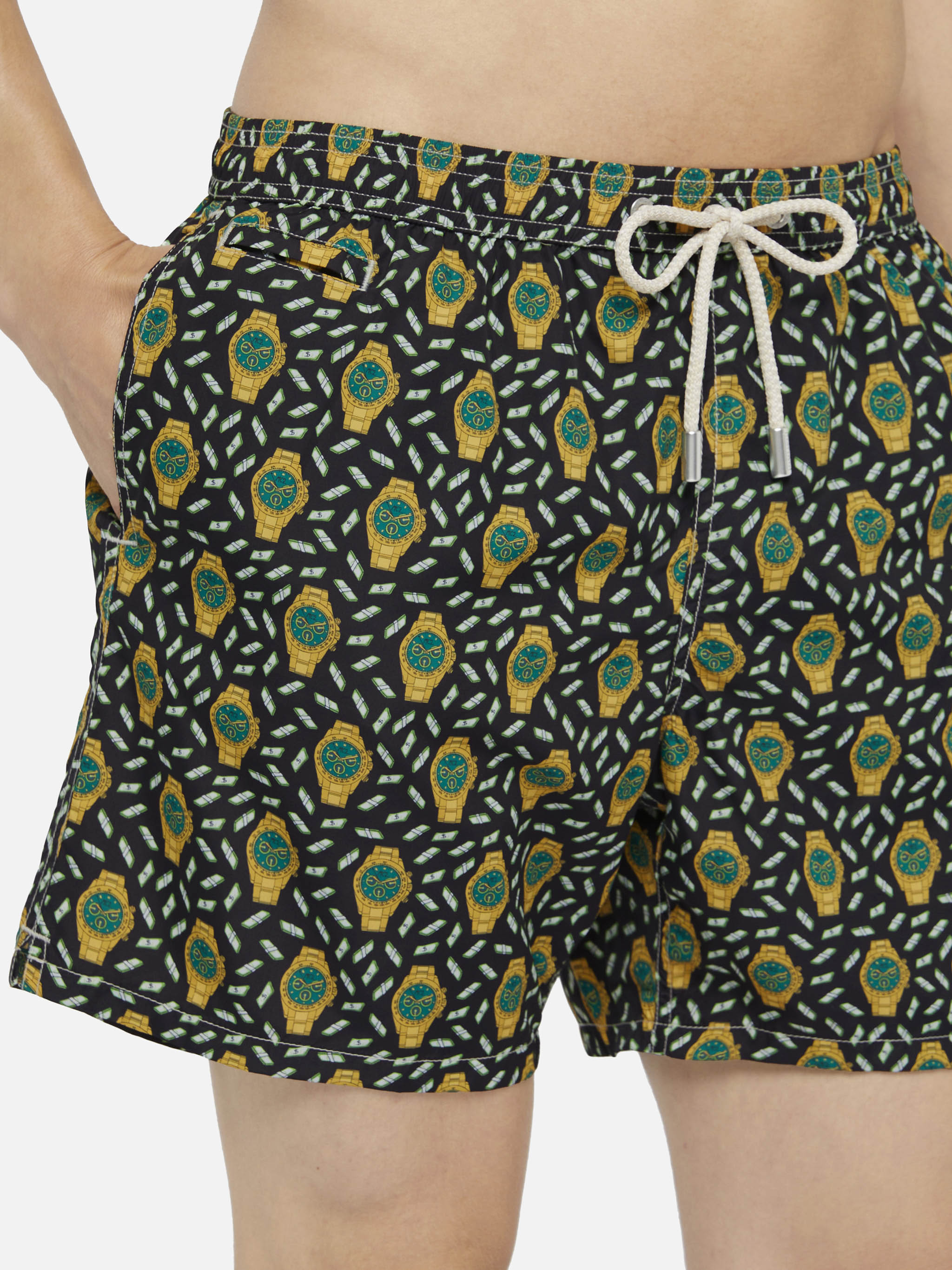 Lightweight fabric swim shorts Lighting with watch print