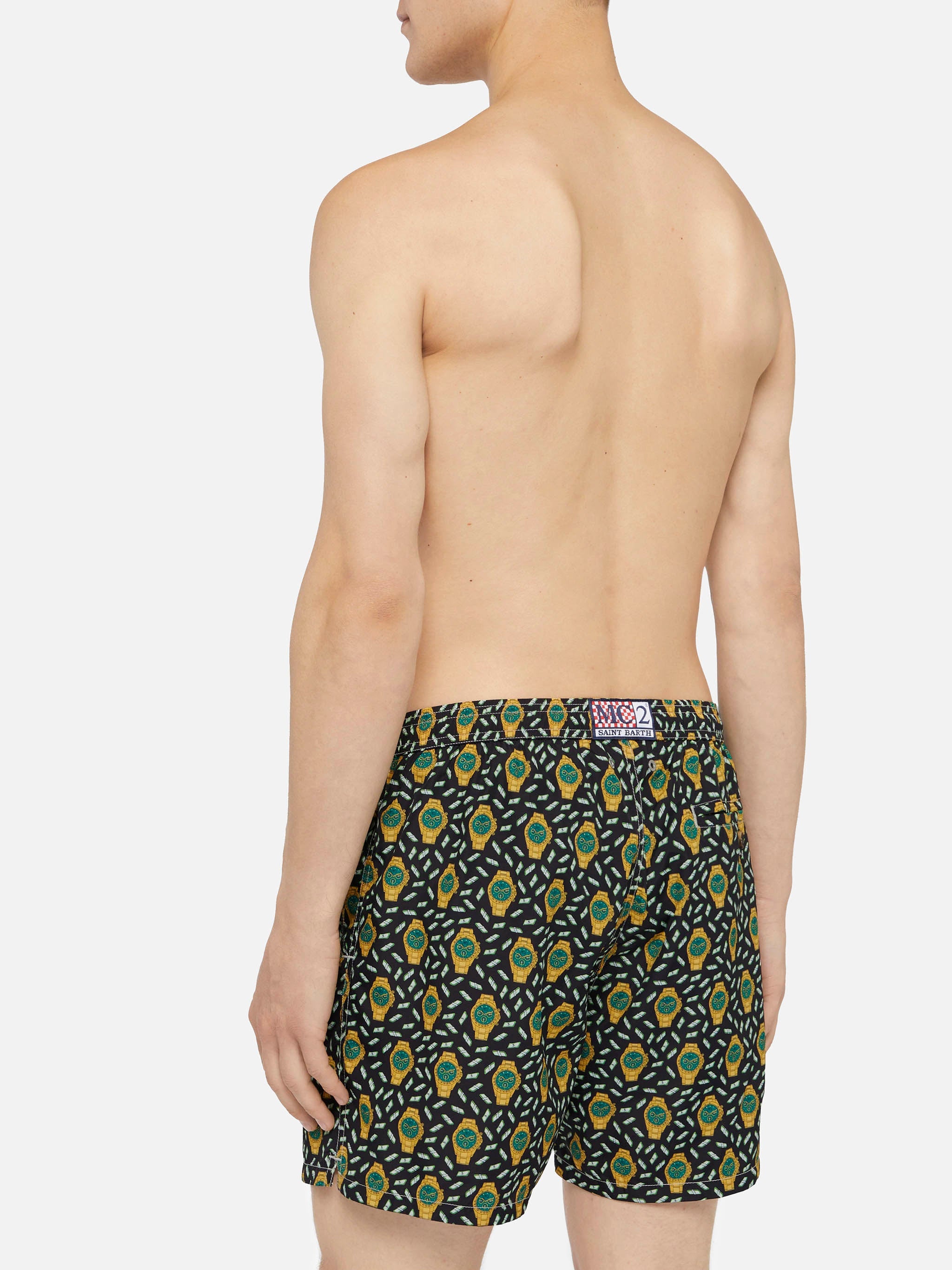 Lightweight fabric swim shorts Lighting with watch print