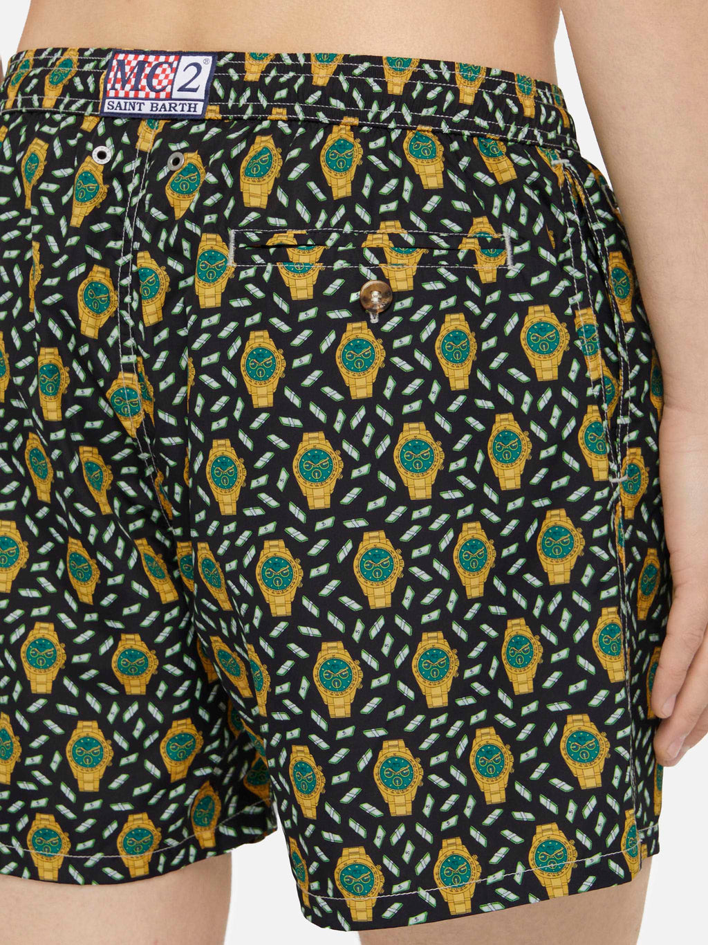 Lightweight fabric swim shorts Lighting with watch print
