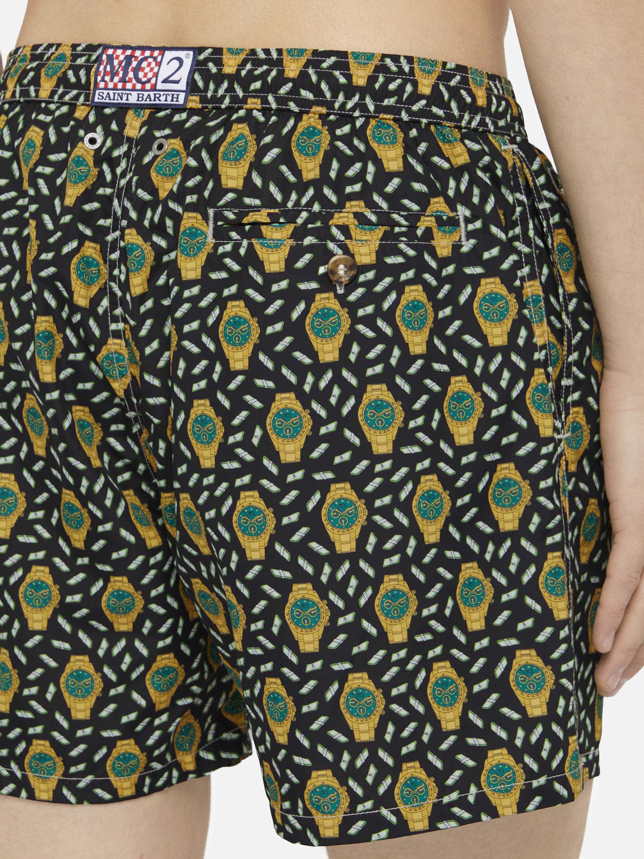 Lightweight fabric swim shorts Lighting with watch print