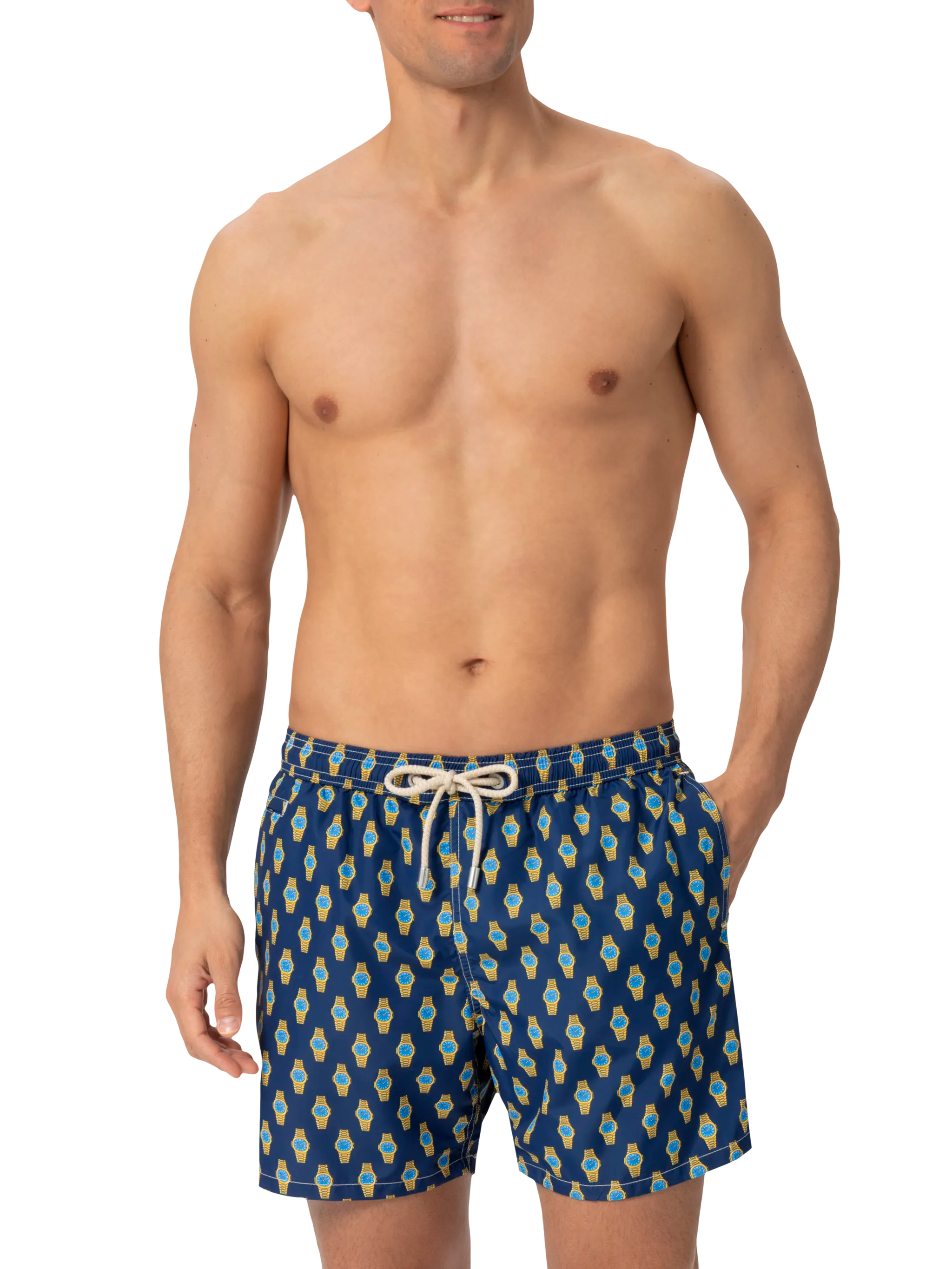 Lightweight fabric swim shorts Lighting with watch print