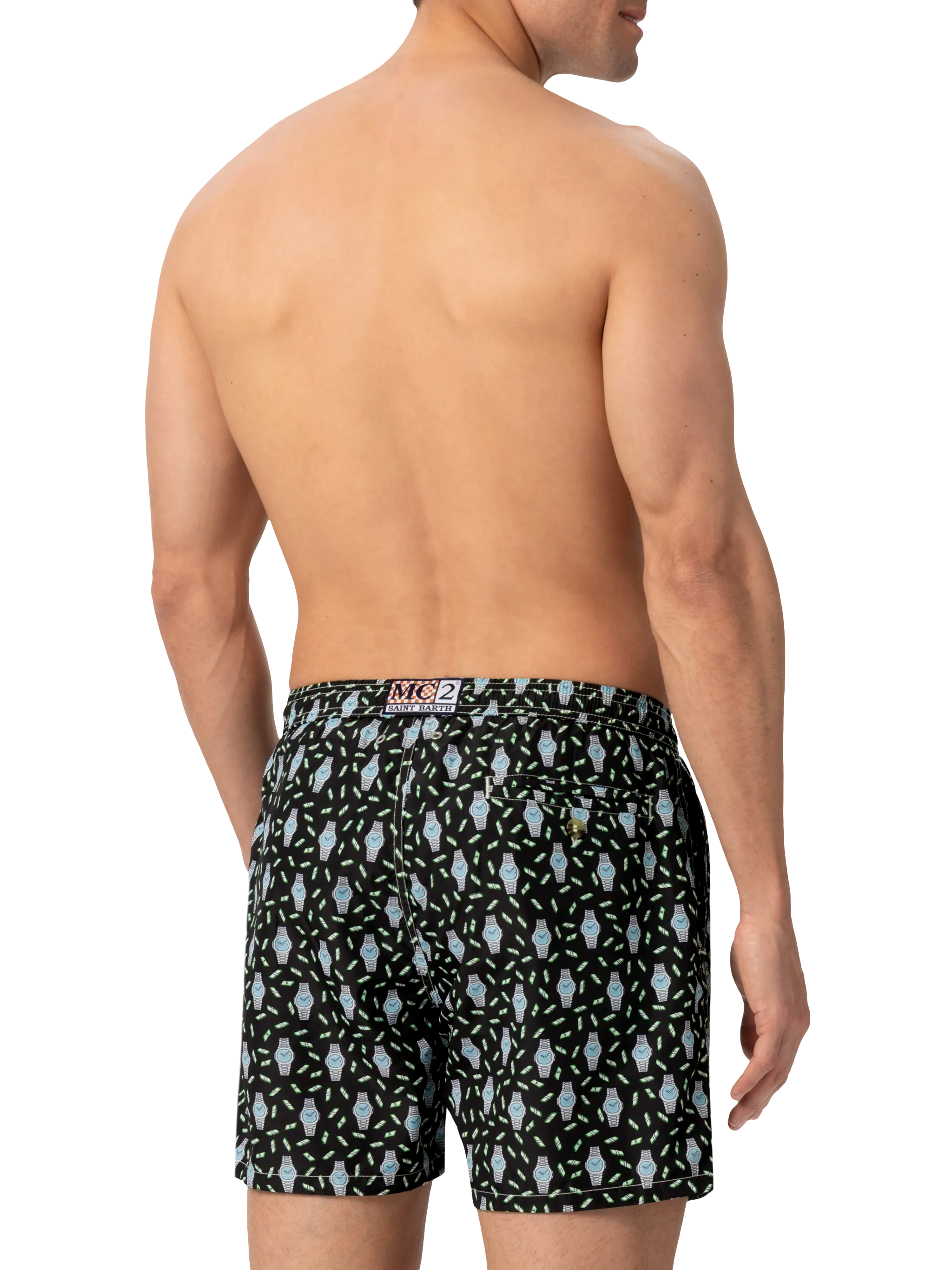Lightweight fabric swim shorts Lighting with watch print