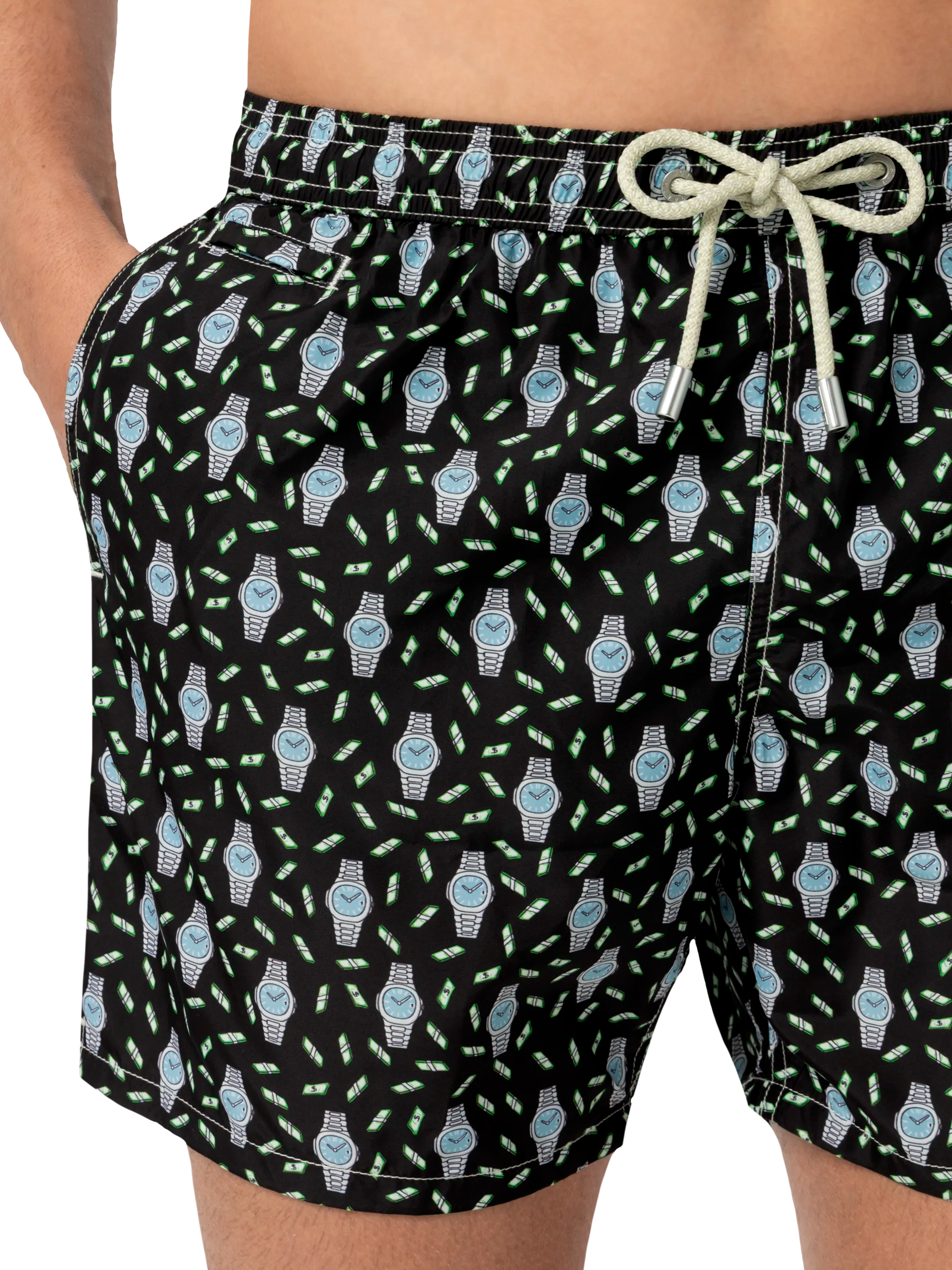 Lightweight fabric swim shorts Lighting with watch print