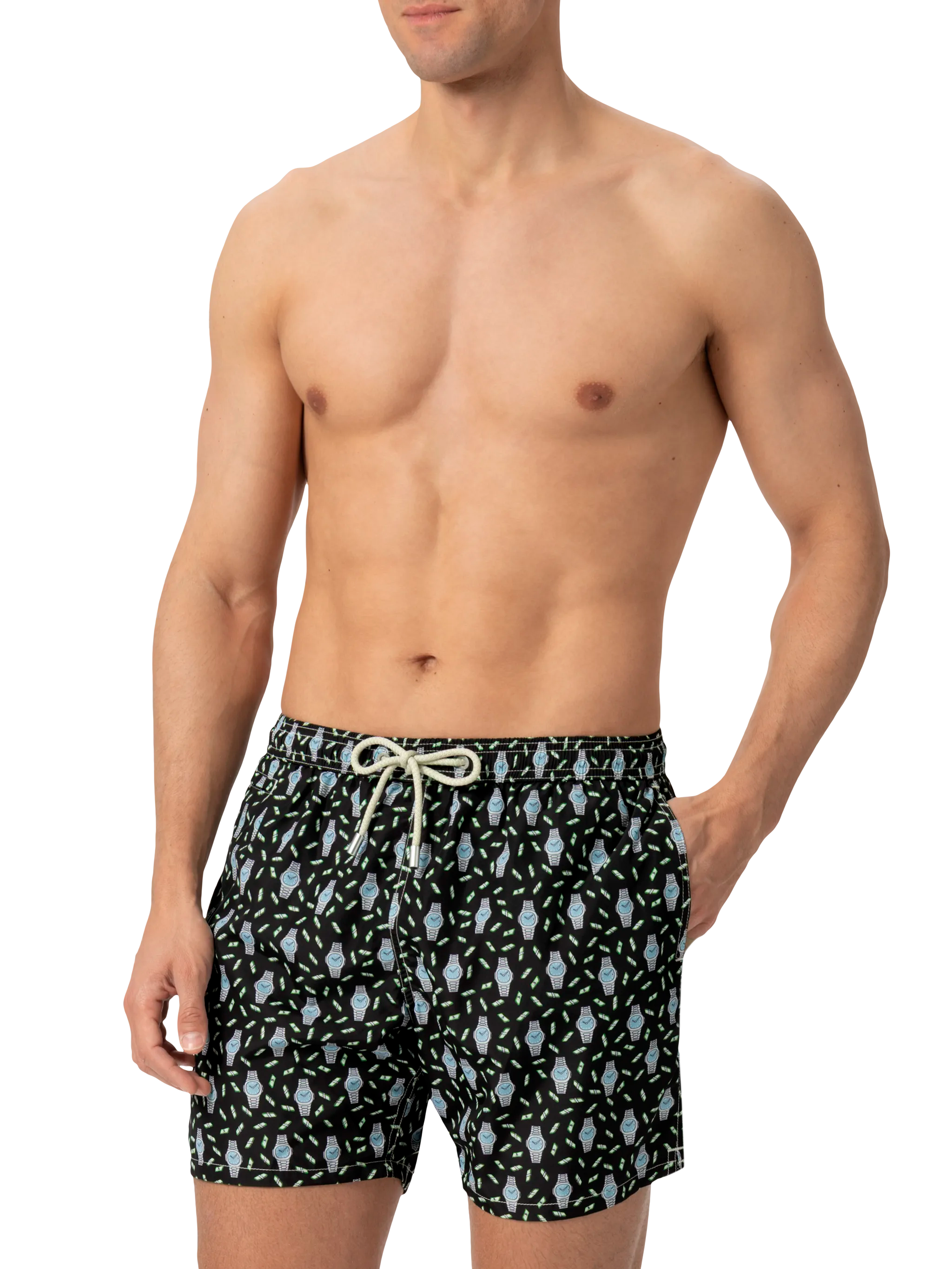 Lightweight fabric swim shorts Lighting with watch print