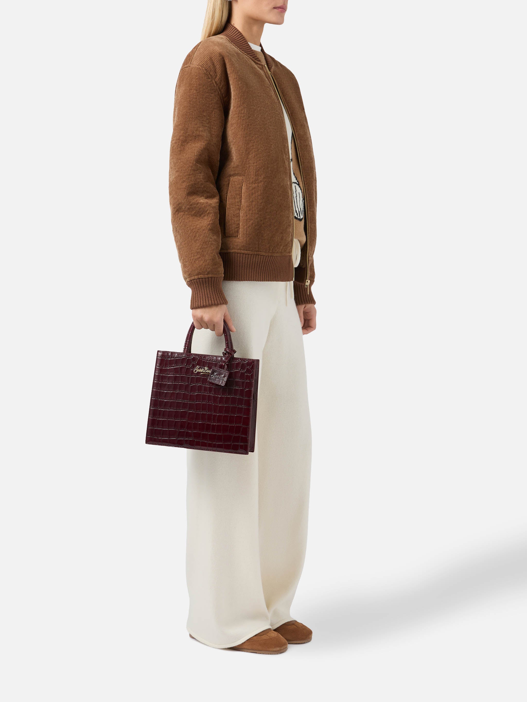 Shop Bag Midi burgundy crocodile print bag