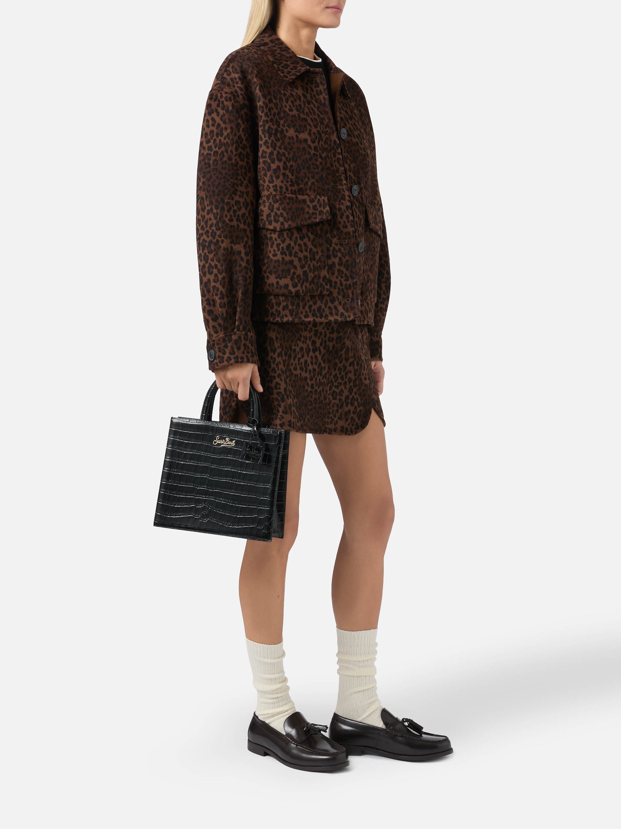 Shop Bag Midi black crocodile print bag