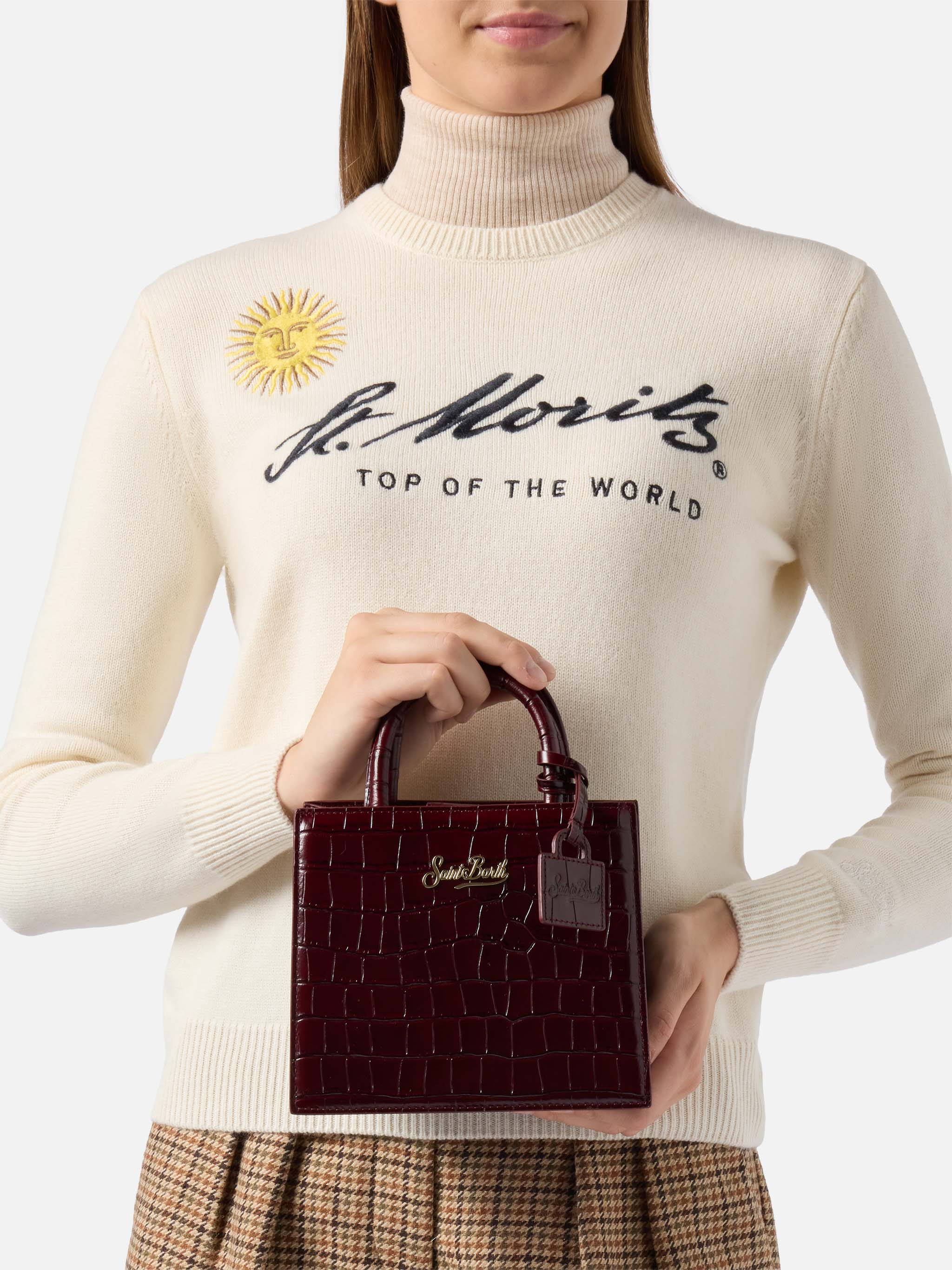 Shop Bag Mini Handbag in burgundy crocodile-print leather