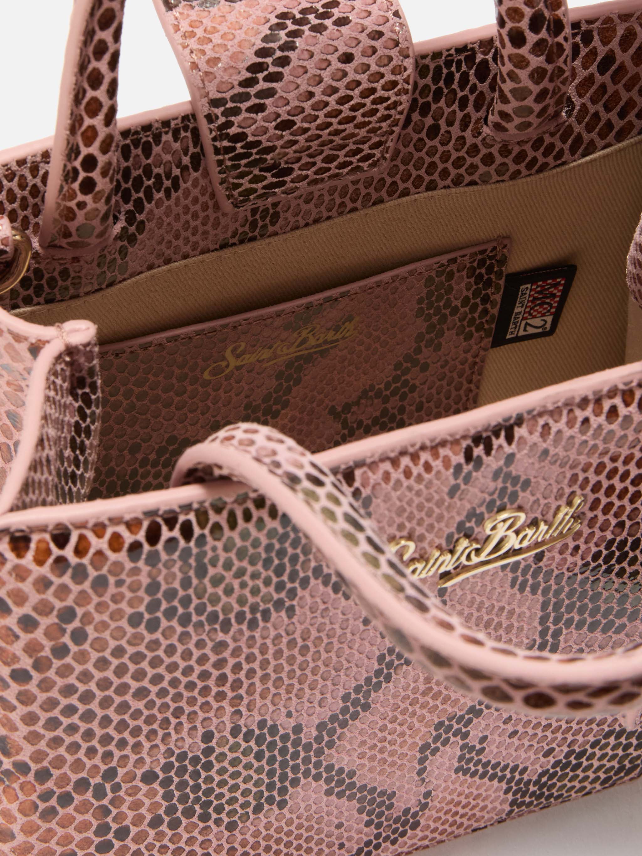 Shop Bag Mini pink python print bag