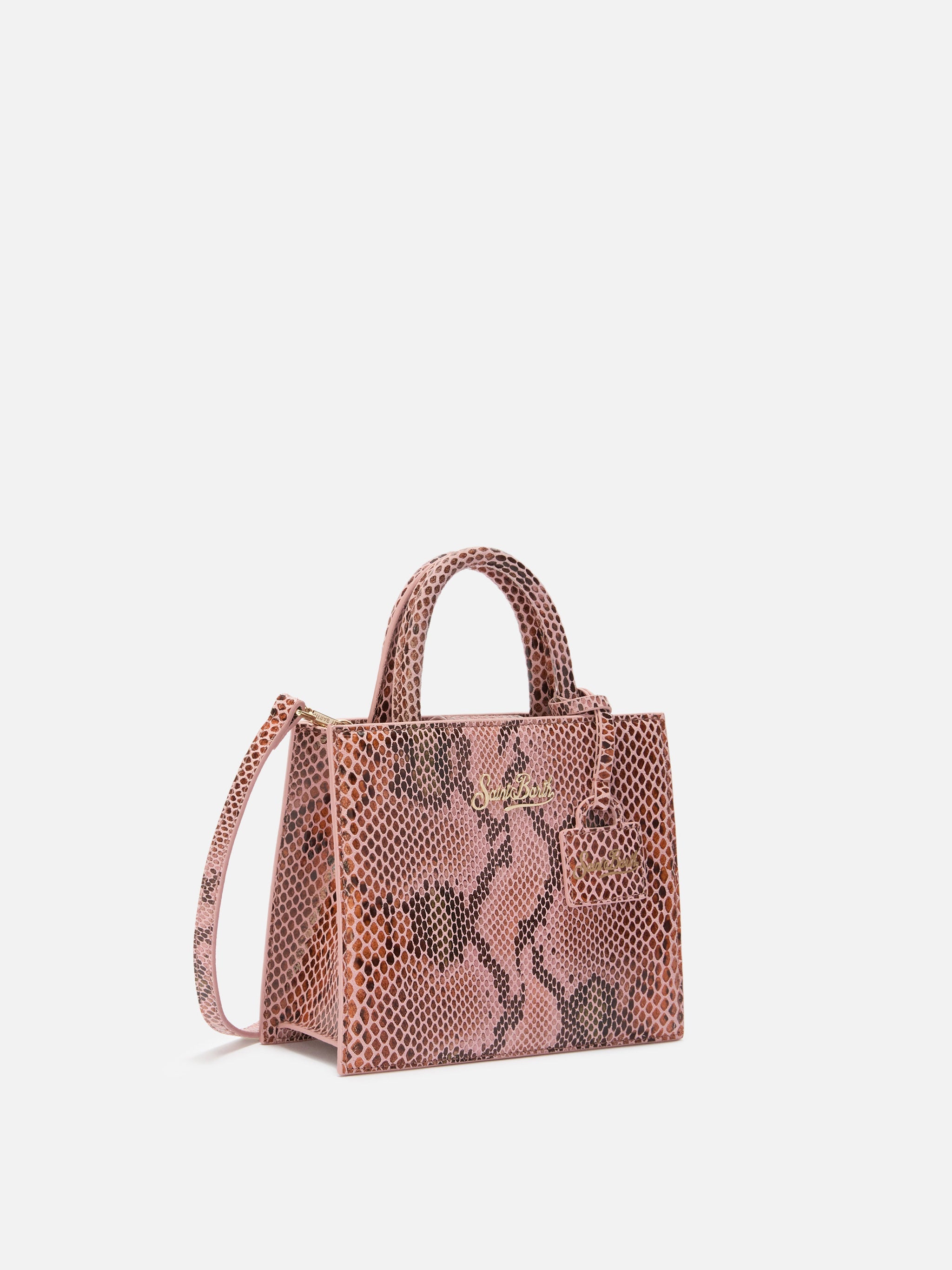 Shop Bag Mini pink python print bag