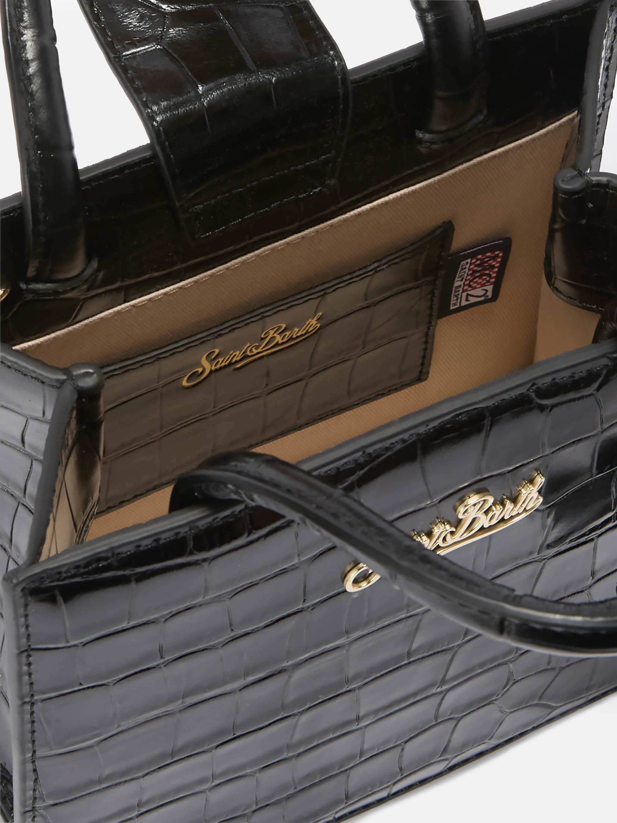 Shop Bag Mini Handbag in black crocodile-print leather