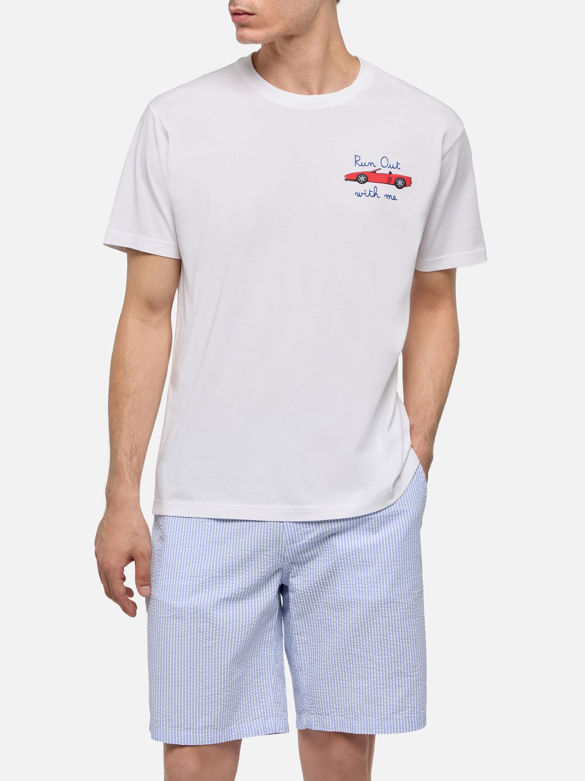 T-shirt with car print and Run out with me embroidery