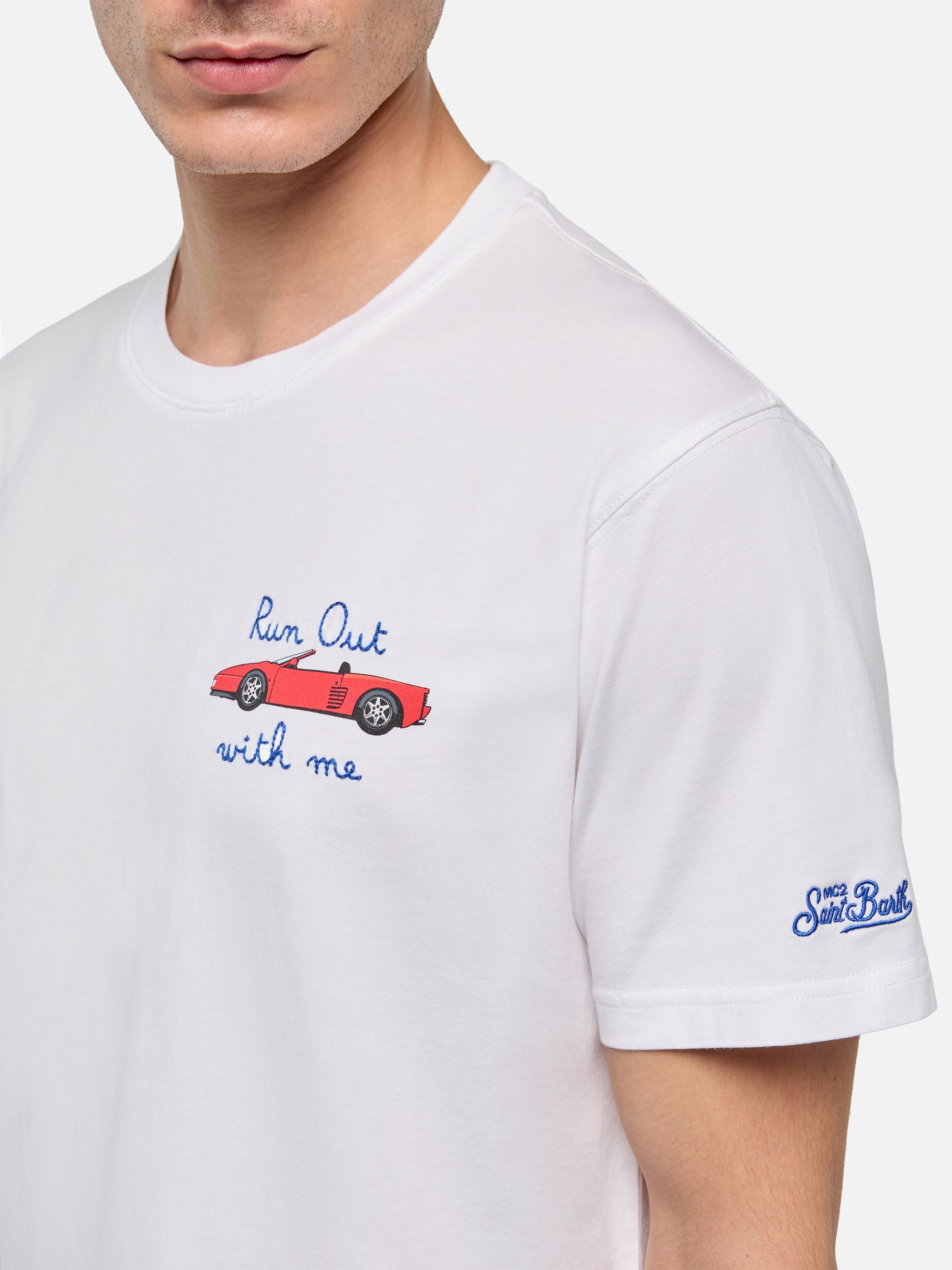 T-shirt with car print and Run out with me embroidery