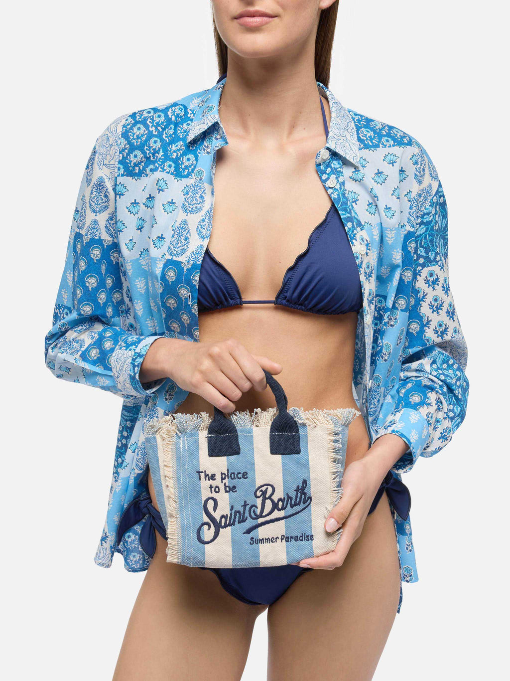 Cotton canvas Mini Vanity bag with striped print