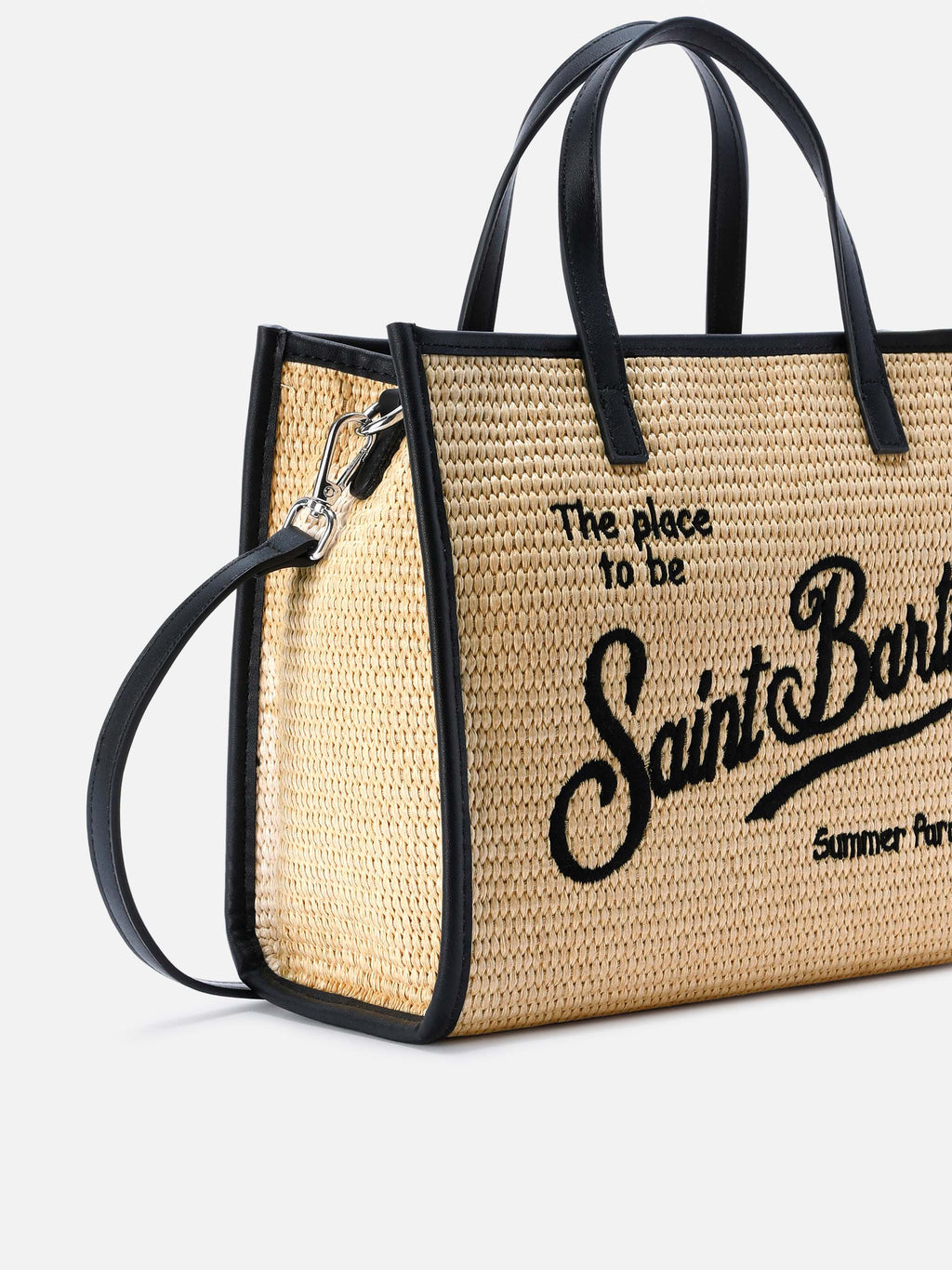 Vivian medium raffia effect bag with black embroidered logo