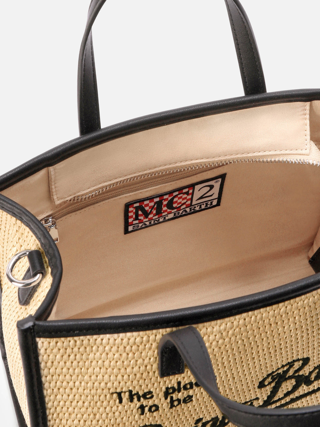 Vivian medium raffia effect bag with black embroidered logo
