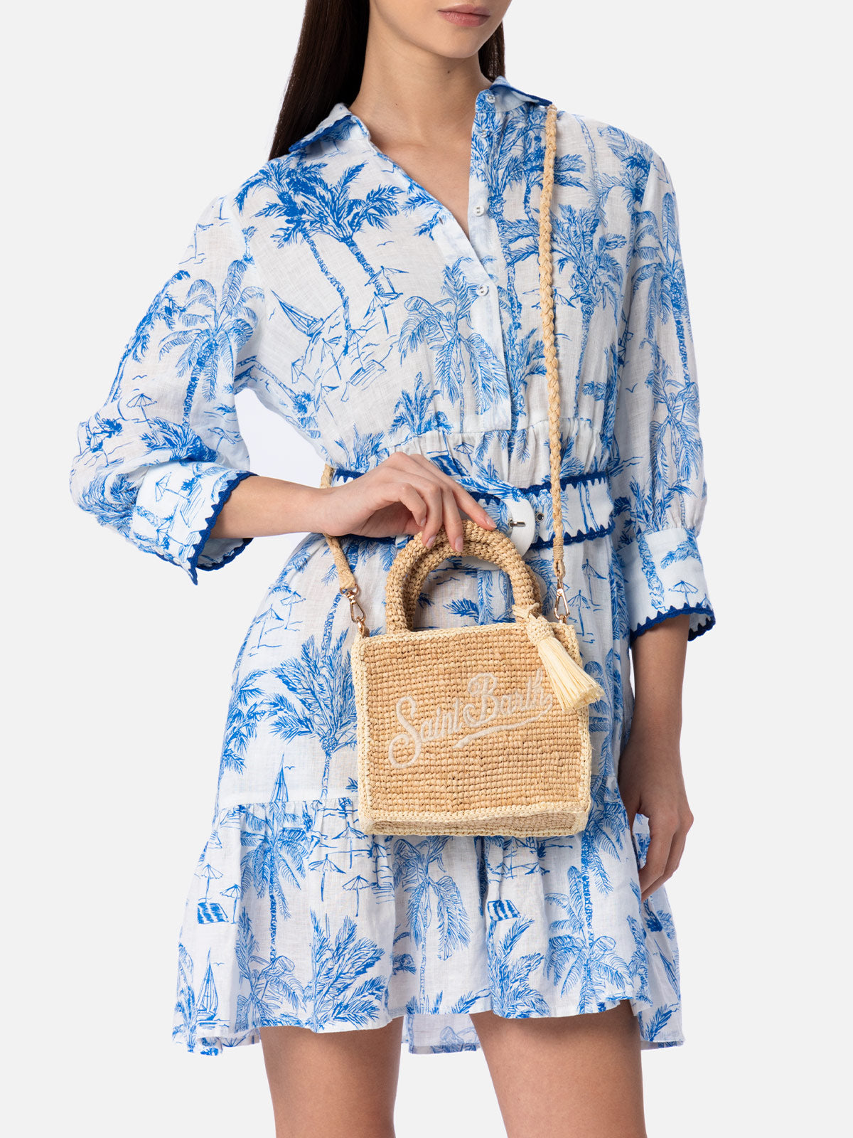 Beige Mini Vanity Raffia bag with Saint Barth embroidery