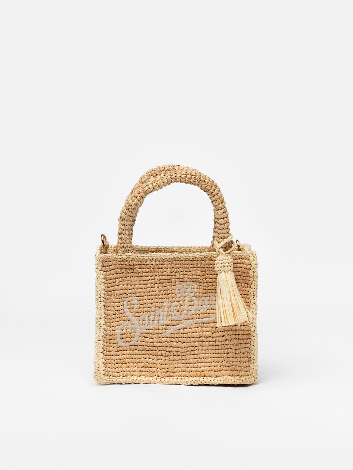 Beige Mini Vanity Raffia bag with Saint Barth embroidery