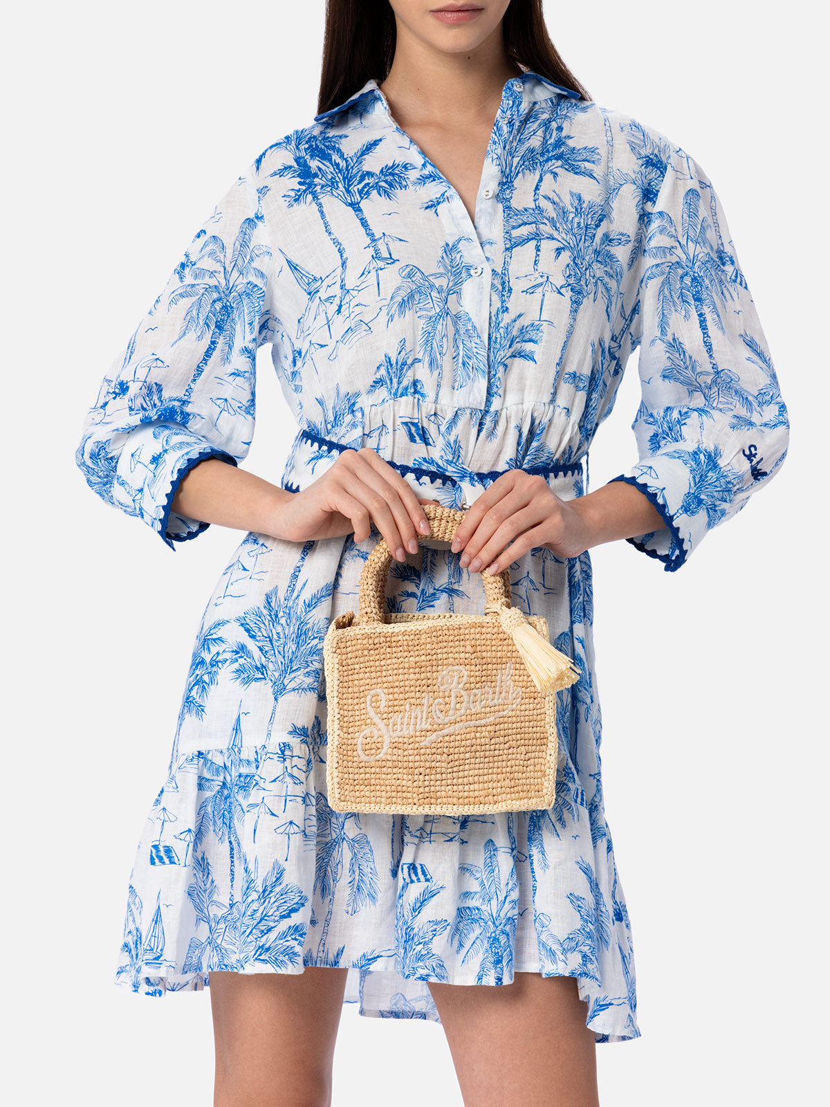 Beige Mini Vanity Raffia bag with Saint Barth embroidery