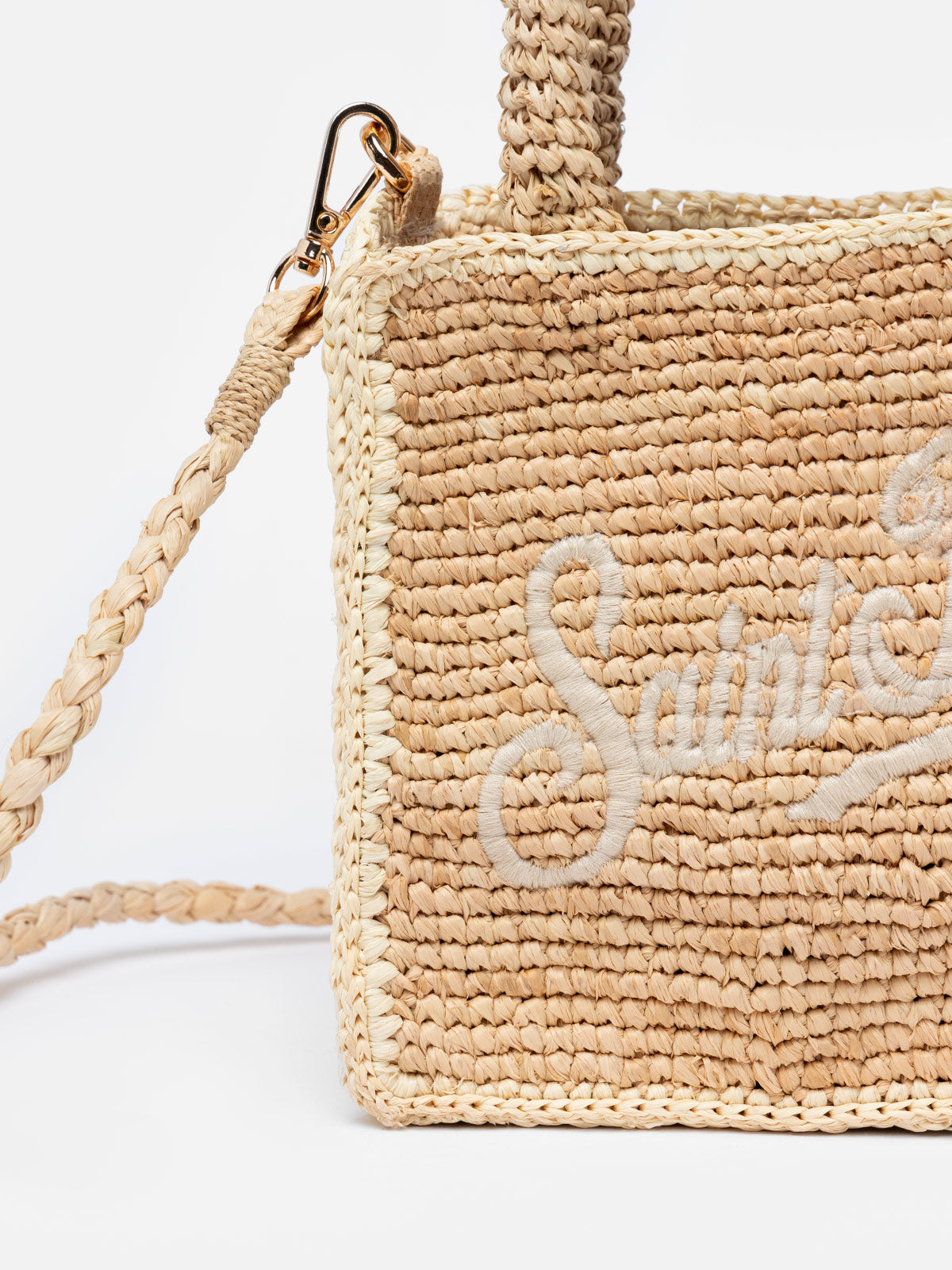 Beige Mini Vanity Raffia bag with Saint Barth embroidery
